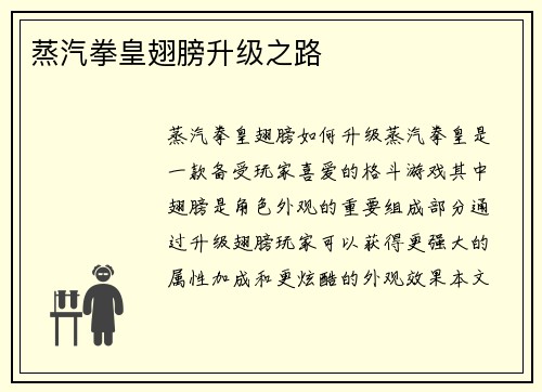 蒸汽拳皇翅膀升级之路